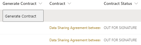 Screenshot showing a Sharepoint list. A "Generate Contract" button appears on the first row, with nothing in the "Contract" or "Contract Status" columns.  Subsequent columns don't show a button, but do have something in the "Contract" and "Contract Status" columns.